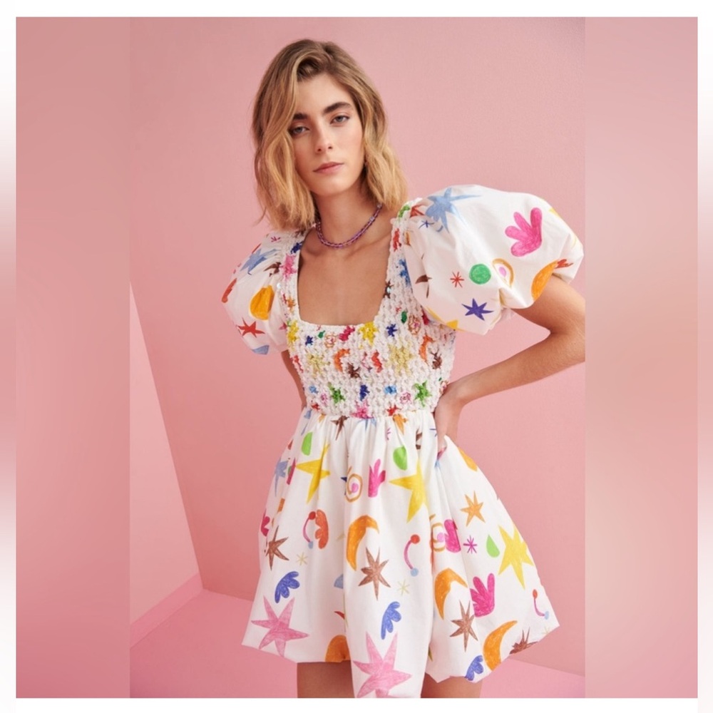 NEW Celia B Astral Star Puff Sleeve Printed Mini Dress Celestial Women’s Small